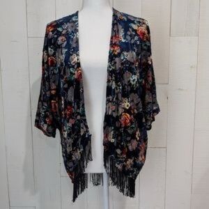 Mauve Anthropologie M Multi Color Floral Velvet Velour Fringe Cardigan Kimono